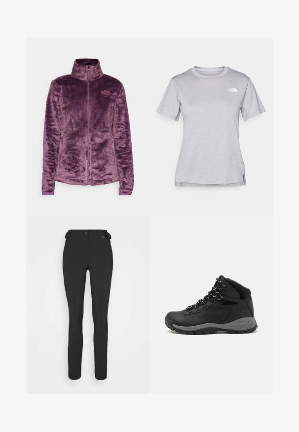 The North Face OSITO różowy melanż; Szara, krótkozasięgowa koszulka wykonana z miękkiego, odprowadzającego wilgoć materiału. Posiada okrągły dekolt oraz małe białe logo w górnym lewym rogu.; Czarne, dopasowane spodnie wykonane z elastycznego materiału. Cechy to kieszeń boczna na zamek, strefowe kolana oraz gładka faktura.; Czarne buty trekkingowe z średnim cholewem, z teksturowaną cholewą, szarymi akcentami oraz trwałą gumową podeszwą z wypustkami zapewniającymi przyczepność.