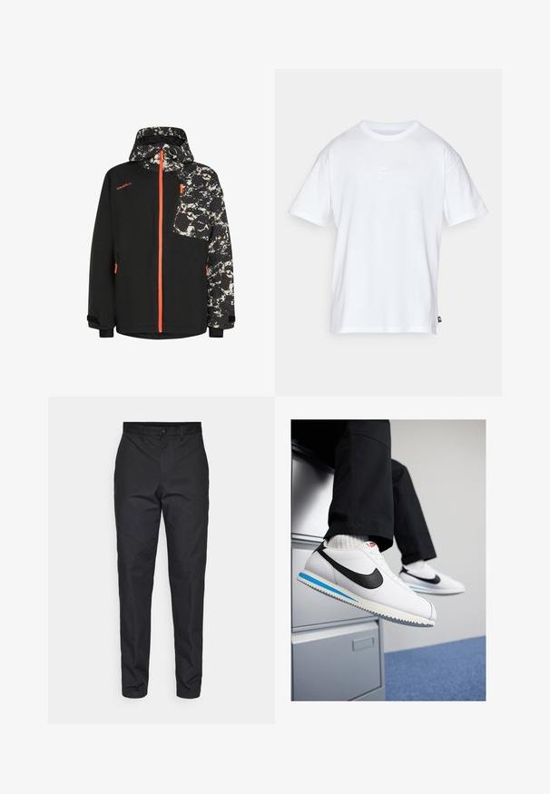 Chaqueta negra con capucha y mangas de patrón abstracto, con detalles en naranja en la cremallera y un bolsillo en el pecho con cremallera.; Camiseta de algodón blanca con mangas cortas y cuello redondo. Presenta un pequeño y sutil logo de Nike en el pecho y una etiqueta lateral.; Pantalones negros hechos de una tela suave, con un corte recto, cierre de botón y bolsillos estándar. Sin patrones visibles ni acentos.; Zapatillas blancas de cuero con un swoosh negro de Nike, suela de goma en azul claro y gris, y un diseño clásico de cordones. Pies apoyados en un archivero.