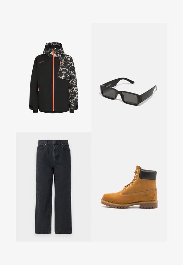 Zwarte jas met een abstract patroon op de capuchon en de mouwen, met oranje ritsdetails en een ritszak op de borst.; Zes witte katoenen T-shirts met korte mouwen en ronde halslijnen, netjes op een rij geplaatst. Ze hebben een gladde textuur en geen zichtbare patronen.; Donkerblauwe denimbroek met een wijde pijp, vijf zakken en een knoopsluiting. Inclusief hardware in koperkleur en een subtiele textuur.; Tan suède enkelboot met zwart gevoerd kraagje, gouden metalen oogjes, witte stikdetails en een robuuste rubberen zool met uitgesproken profiel.; Zwarte zonnebril met rechthoekige lenzen, matte plastic montuur en rechte randen. Bevat het merkteken op de binnenarm.