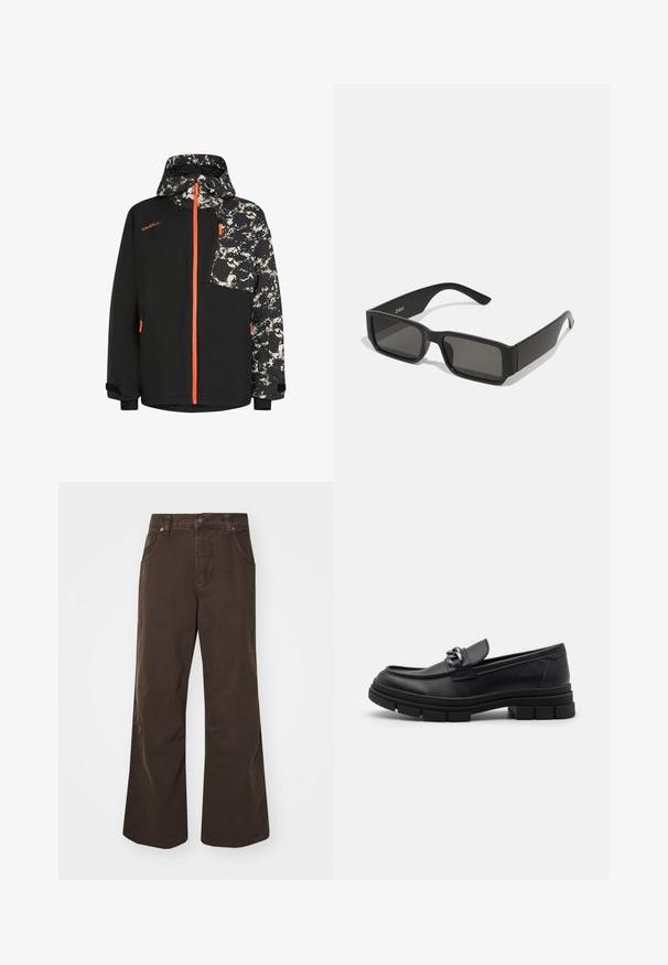Czarna kurtka z kapturem i rękawami w abstrakcyjny wzór, z pomarańczowymi akcentami zamka błyskawicznego oraz kieszenią na piersi z zamkiem.; Dwa dopasowane topy na ramiączkach w kolorze czarnym i białym. Wykonane z prążkowanej bawełny, mają szerokie ramiączka i zaokrąglone dekolty. Logo na kołnierzu.; Brązowe szerokie spodnie wykonane z bawełny, z wysokim stanem, przednimi kieszeniami i gładką teksturą. Wykończenie obejmuje subtelne detale szwów.; Czarne skórzane półbuty z okrągłym noskiem, dekoracyjnym paskiem i elementami metalowymi oraz grubą, fakturowaną podeszwą. Gładkie wykończenie z subtelnymi detalami.; Czarne okulary przeciwsłoneczne z prostokątnymi soczewkami, matowa plastikowa oprawka i proste krawędzie. Posiadają logo marki na wewnętrznej stronie ramienia.; Srebrny naszyjnik łańcuszkowy z grubymi ogniwami i centralnym okrągłym wisiorkiem z misternym wzorem. Gładka, lustrzana powierzchnia metalu.