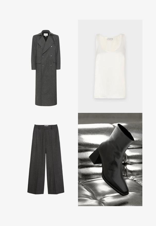 Pelēks vilnas mētelis ar dubultu priekšpusi, lielām atlokām, divām priekšējām kabatām un garu, taisnu griezumu. Matēta pogu akcenti.; Balts satīns bez piedurknēm T-krekls ar apaļu izgriezumu un gludu tekstūru, ar vieglu spīdumu un tīrām malām.; Platas kājas bikses tumši pelēkā audumā. Iezīmēts ar pielāgotu jostas vietu ar jostas cilpām, gludu tekstūru un minimālām šuvju akcents.; Melnas potītes kurpes, izgatavotas no spīdīga materiāla, ar kvadrātveida purngalu un konusveida papēdi, novietotas uz spīdīga sudraba izšūta fona.