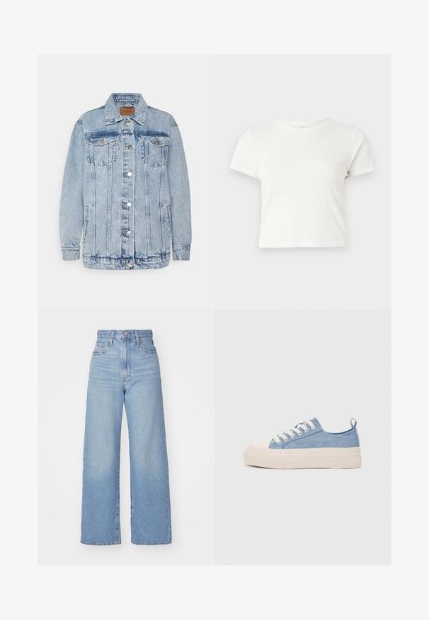 Šviesiai mėlynas džinsinis švarkas su sagų užsegimu priekyje, dviem krūtinės kišenėmis ir šoninėmis kišenėmis. Turi klasikinį apykaklę ir siuvinėtus dekoracijos elementus.; Trumpa balta medvilnės marškinėliai su trumpomis rankovėmis, apvaliu kaklu ir tiesiu hemu, pasižyminti lygiu tekstūriu ir minimaliu dizainu.; Šviesiai mėlynos aukšto liemens plačios kojos džinsai su priekiniais užtrauktukais ir sagom, priekinėmis ir galinėmis kišenėmis, ant baltos fono.; Šviesiai mėlyni drobės sportbačiai su kreminiu guminiu pirštų apsaugos ir pado elementu, balti raišteliai ir kilpa ant kulno.
