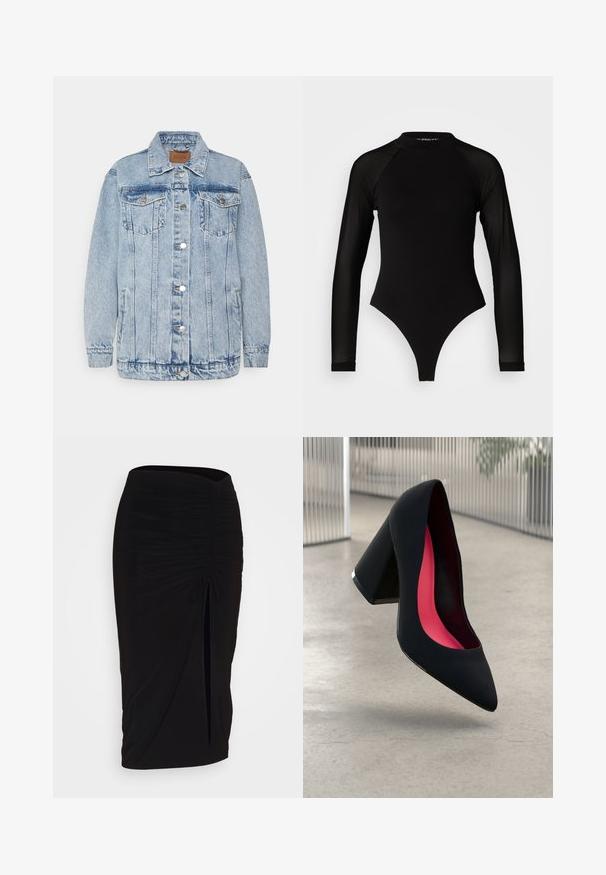 Vaaleansininen farkkutakki, jossa on nappikiinnitys, kaksi rintataskua ja sivutaskut. Sisältää klassisen kauluksen ja ommeltuja yksityiskohtia.; Musta pitkähihainen bodysuit, jossa on korkea kaula-aukko, kiinteä kangas vartalolla ja läpinäkyvät verkohihat, muotoiltu tiukaksi.; Musta, rypytetty kynähame, jossa on solmuseikkaus ja sivurako. Valmistettu joustavasta kankaasta, joka tarjoaa sileän pinnan ja vartaloon kiinnittyvän muodon.; Musta korkokenkä, jossa on terävä kärki, teksturoitu pinta ja kirkkaan vaaleanpunainen sisus. Varustettu tukevalla kannalla, jossa on hopeinen yksityiskohta.