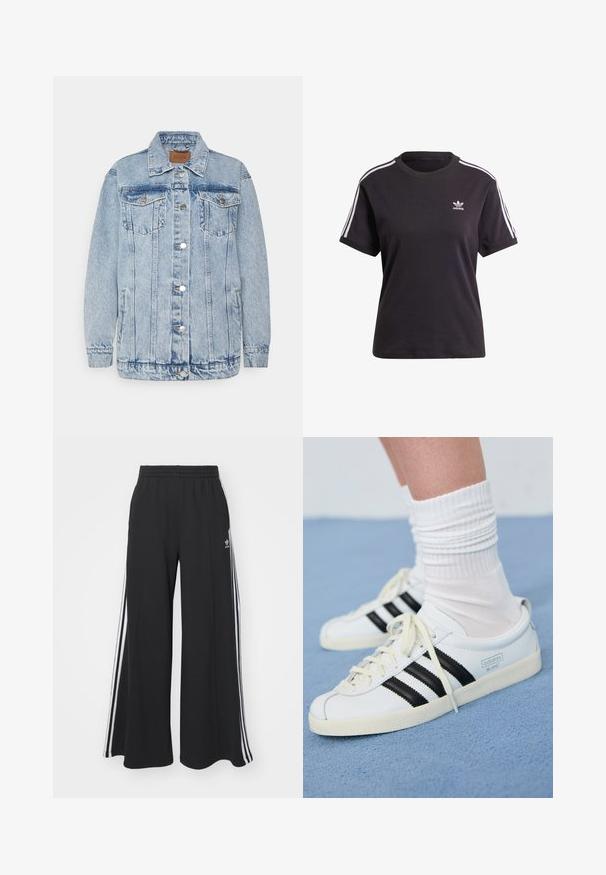 Chaqueta de mezclilla azul claro con cierre de botones en la parte delantera, dos bolsillos en el pecho y bolsillos laterales. Presenta un cuello clásico y detalles de costura.; Camiseta de algodón negra de manga corta con cuello redondo, que presenta rayas blancas en los hombros y un pequeño logo blanco de Adidas en el pecho.; Pantalones de chándal negros de pierna ancha con una cinturilla elástica, que presentan franjas blancas a los lados y un logo bordado en el muslo izquierdo.; Zapatillas de cuero blancas con rayas negras, suela crema y cordones claros. Llevadas con calcetines blancos acanalados, situadas sobre un fondo azul.