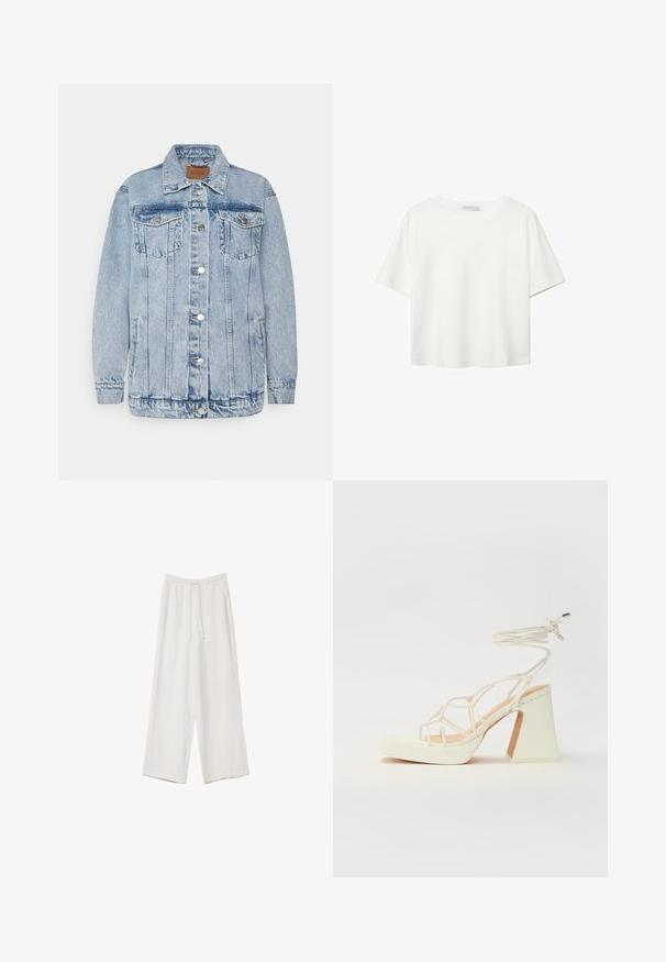 Giacca di jeans blu chiaro con chiusura frontale a bottoni, due tasche sul petto e tasche laterali. Presenta un colletto classico e dettagli cuciti.; T-shirt bianco a maniche corte realizzato in cotone. Presenta un collo tondo e una vestibilità rilassata. Texture liscia senza motivi o dettagli visibili.; Pantaloni a gamba larga bianchi realizzati in un tessuto leggero. Presentano una vita elastica con cordoncino e tasche laterali. Texture liscia.; Sandalo bianco con tacco alto, caratterizzato da un design a cinturini e un legaccio alla caviglia. Texture liscia con una piattaforma frontale per un'altezza aggiuntiva.