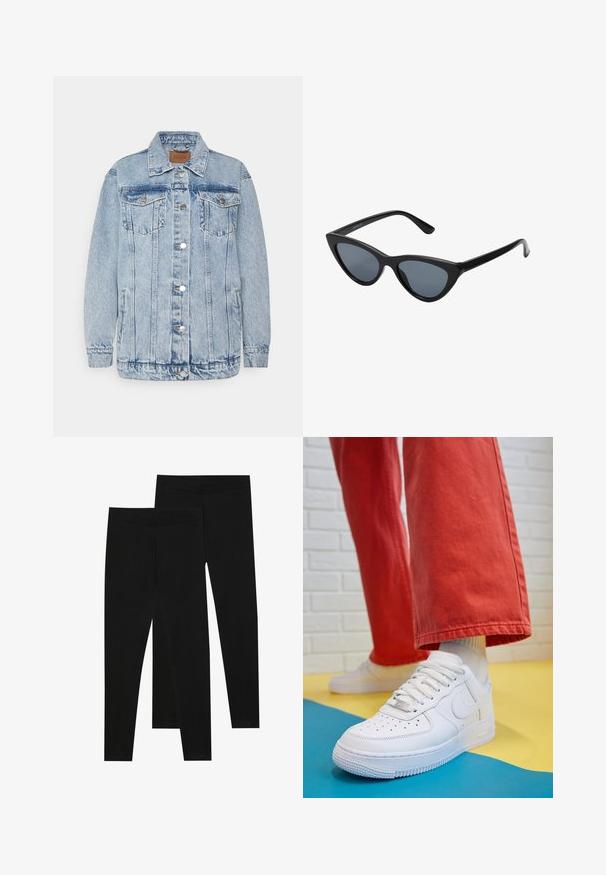 Svijetloplavi traper jakna s prednjim kopčanjem na dugmad, dva džepa na prsima i bočne džepove. Ima klasičan ovratnik i šivane detalje.; Bijela majica dugih rukava s rolificom izrađena od glatkog, rastezljivog materijala. Ima visoki ovratnik i uski kroj, bez vidljivih uzoraka ili ukrasa.; Crne tajice napravljene od rastezljivog materijala, s bešavnom elastikom i uskim krojem, prikladne za svakodnevno nošenje ili vježbanje.; Bijele kožne tenisice s perforiranim prednjim dijelom, teksturiranim đonom i bijelim vezicama, u kombinaciji s širokim crvenim hlačama i plavo-žutom pozadinom.; Crne mačke naočale sa tamnosivim lećama, elegantan plastični okvir, šiljati uglovi i ravne drške. Bez vidljivih metalnih dijelova ili detalja.