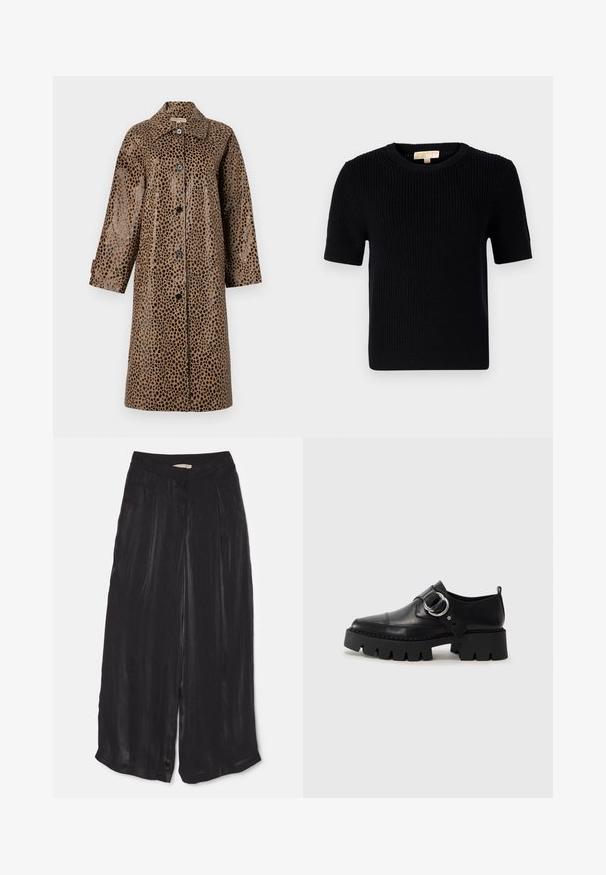 Pruun leopardimustriga mantel, millel on läikiv tekstuur, kaelus, pikad varrukad ja mustad nupud ees.; Must värvitud lühikeste varrukatega sviiter ümmarguse kaelusega. Omab ribatekstiili ja sirget lõiget. Sildiga sise-kaeluses.; Mustad laiad püksid, mis on valmistatud siledast satiinist, sisaldavad kõrget taljeosa, eesmine voldid ja lühendatud pikkus külgmiste lõherakkudega.; Mustad musta naha jalanõud, millel on jäme ribaga tallad, ringikujuline hõbedane detail ja minimaalne õmblusdetail.