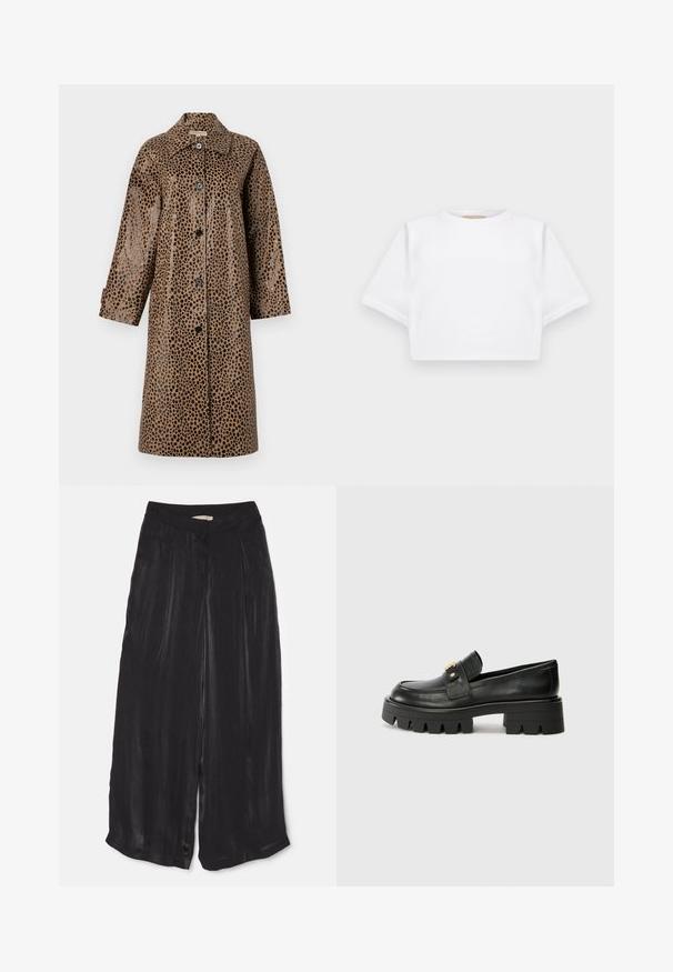 Manteau imprimé léopard marron avec une texture brillante, doté d'un col, de manches longues et de boutons noirs sur le devant.; T-shirt blanc court en tissu doux, avec des manches courtes, un col rond et des détails en côtes sur l'ourlet. Design simple et sans embellissement.; Pantalons noirs à jambes larges en satin lisse, avec une taille haute, des plis supplémentaires à l'avant et une longueur courte avec des fentes sur les côtés.; Mocassins en cuir noir avec une semelle épaisse, présentant un accent doré à l'avant et une finition lisse. Design à crampons épais sur la semelle.