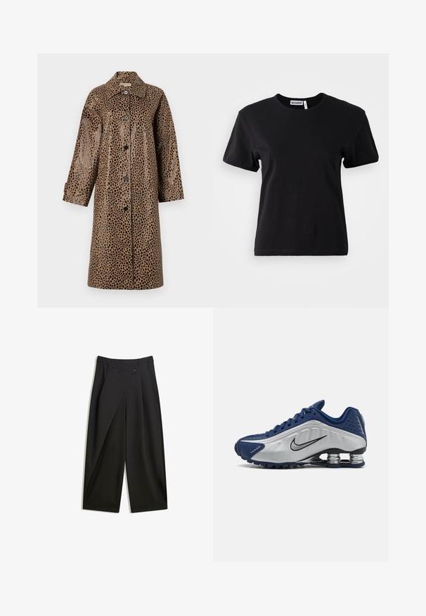 Palton cu imprimeu de leopard maro, cu o textură lucioasă, având guler, mâneci lungi și nasturi negri pe partea din față.; Tricou din bumbac negru, cu un guler rotund, mâneci scurte și o croială lejeră. Eticheta spune "WEEKDAY" pe interiorul gulerului.; Pantaloni largi negri dintr-un material fin. Au un plisat frontal, închidere cu nasture și un brâu croit pentru o potrivire aerisită.; Pantofi sport albastri și argintii cu un superior texturat, perforații și o talpă curbată care prezintă elemente de amortizare metalice. Accent de logo negru.
