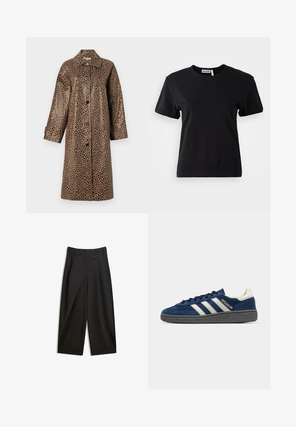 Brown leopard print coat with a glossy texture, featuring a collar, long sleeves, and black buttons along the front.; Black cotton blend t-shirt with a round neck, short sleeves, and a relaxed fit. Label reads "WEEKDAY" on the inside neck.; Black wide-leg trousers made of smooth fabric. Features a front pleat, button closure, and a tailored waistband for a streamlined fit.; Navy suede sneaker with white stripes, gold "Spezial" detail, grey textured sole, rounded toe, and matching laces. Classic design.