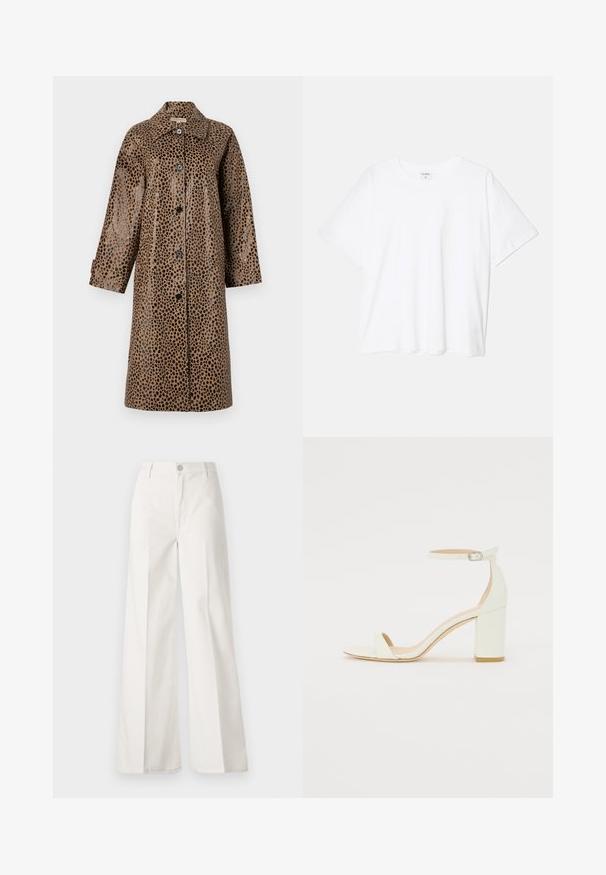 Pruun leopardimustriga mantel, millel on läikiv tekstuur, kaelus, pikad varrukad ja mustad nupud ees.; Valge puuvillane T-särk lühikeste varrukatega, ümmargune kaelus, mugav lõige ja õmmeldud serv. Silt nähtav kaela seest.; Valged laiade jalgadega püksid, mis on valmistatud siledast puuvillast. Omab esitallist ning lukuga sulgemist ja nelja tasku disaini.; Valge nahast takjakandiga sandaal, millel on kinnitusrihm ja minimalistlik disain. Avatud varvastes ja sileda pinnaga.