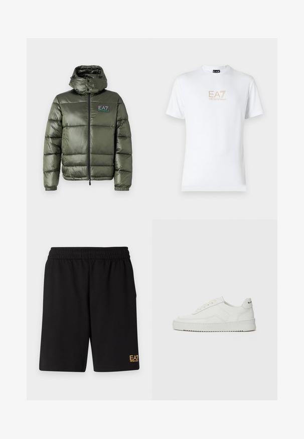EA7 Emporio Armani GIUBBOTTO - Winter jacket - beetle; White cotton t-shirt featuring a round neckline and short sleeves, with a gold EA7 Emporio Armani logo printed on the front.; Black athletic shorts made of soft fabric,Featuring an elastic waistband and a small yellow EA7 logo on the lower left leg.; White leather sneaker with a smooth finish, round toe, flat laces, and a textured sole. Features a subtle logo on the heel.