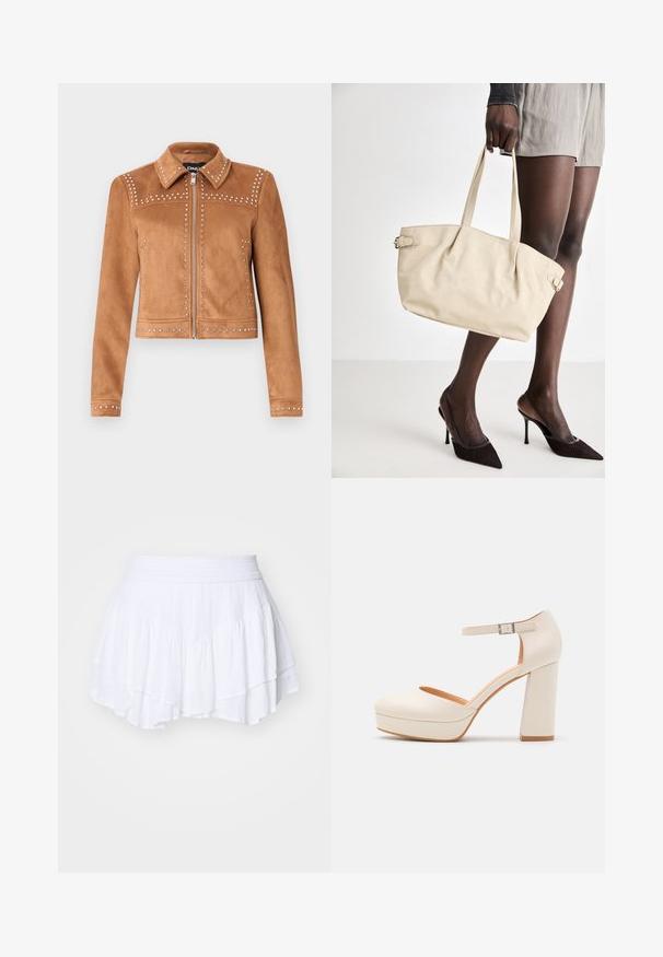 Braune Kunstwildlederjacke mit Nietenakzenten, kragenlosem Hals, Reißverschluss vorne und langen Ärmeln. Verziert mit dekorativen Nieten entlang der Nähte.; Brauner fuzzie Strickpullover mit langen Ärmeln, einem hohen gerippten Kragen und einer Knopfleiste mit sechs schwarzen Knöpfen vorne und an den Bündchen.; Hollister Co. TIERED FEMME - Faltenrock - bright white; Cremfarbene Plateausandalen mit runder Zehenpartie und verstellbarem Knöchelriemen. Sie verfügen über einen klobigen Blockabsatz mit einem leichten Holzakzent.; Beige Tote-Bag mit einer glatten Leder-Oberfläche, strukturiertem Design, zwei Griffen und seitlichen Schnallendetails. Kombiniert mit eleganten schwarzen Absatzschuhen.; Cremfarbener gepolsterter Haarreif mit gedrehtem Design, kombiniert mit einem beigen und weißen gestreiften Shirt mit rundem Halsausschnitt. Dezente Schmuckakzente.