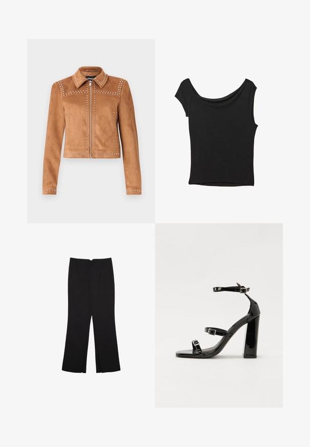 Brązowa kurtka z faux zamszu z akcentami w postaci ćwieków, z kołnierzem, zapinana na zamek, z długimi rękawami. Posiada dekoracyjne ćwieki wzdłuż szwów.; Czarna bluzka z krótkim rękawem, wykonana z gładkiego materiału; posiada dekolt w stylu drapowanym oraz asymetryczny dół, z dopasowanym krojem.; Czarne spodnie o prostym kroju, z przednimi kieszeniami i bocznymi rozcięciami na dole. Wykonane z miękkiego, gładkiego materiału. Odpowiednie na różne okazje.; Czarne lakierowane sandały na obcasie z kwadratowym noskiem, z paskami wokół kostki i srebrnymi klamrami. Posiadają masywny słupek dla stabilności.