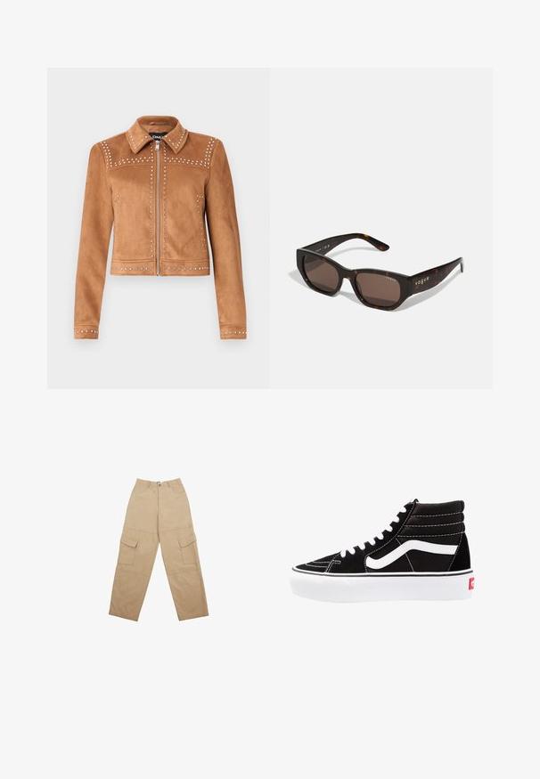 Brązowa kurtka z faux zamszu z akcentami w postaci ćwieków, z kołnierzem, zapinana na zamek, z długimi rękawami. Posiada dekoracyjne ćwieki wzdłuż szwów.; Koszula z długim rękawem, zapinana na guziki, w jasnoróżowy i biały paski, z bocznymi marszczeniami i regulowanymi tasiemkami w talii.; Beżowe spodnie cargo wykonane z materiału, z dwiema przednimi kieszeniami i luźnym, szerokim krojem nogawek. Pas zawiera zapięcie na guzik i zamek błyskawiczny.; Czarne trampki za kostkę z białymi sznurowadłami, białym logo i kontrastującymi białymi szwami. Posiadają grubą białą podeszwę i teksturowaną zamszową cholewkę.; Okulary przeciwsłoneczne w kolorze żółwia z prostokątnymi brązowymi soczewkami. Błyszcząca plastikowa oprawka z złotym logo "vogue" po boku.; Miękka, brązowa torebka w stylu hobo z jedną szeroką rączką i wyprofilowanym otwarciem, wyeksponowana na białym tle.