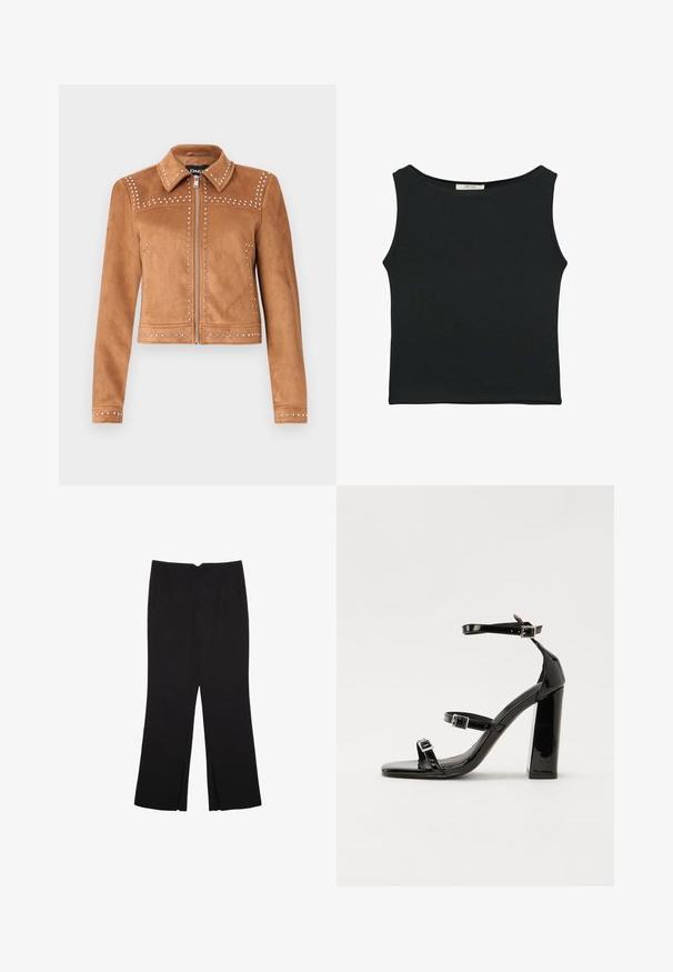 Braune Kunstwildlederjacke mit Nietenakzenten, kragenlosem Hals, Reißverschluss vorne und langen Ärmeln. Verziert mit dekorativen Nieten entlang der Nähte.; Schwarzes ärmelloses Oberteil aus glattem Stoff, mit einem runden Ausschnitt und einer figurbetonten Passform, ohne sichtbare Muster oder Verzierungen.; Schwarze Hose mit geradem Schnitt, ausgestattet mit Fronttaschen und Seitenschlitzen am Saum. Hergestellt aus weichem, glattem Stoff. Geeignet für verschiedene Anlässe.; Schwarze patentierte Sandalen mit Absatz, quadratischer Spitze, Knöchelriemen und silbernen Schnallen. Mit einem stabilen Blockabsatz für mehr Stabilität.