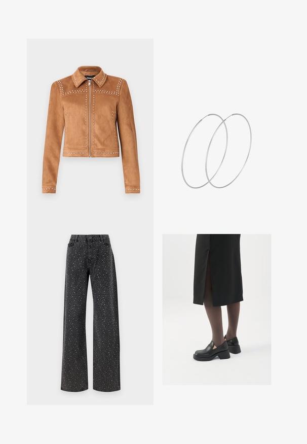 Bruine faux suède jas met gestanste accenten, kraag, rits aan de voorkant en lange mouwen. Bevat decoratieve studs langs de naden.; Zwarte bodysuit met lange mouwen, voorzien van een mesh V-halslijn en geplooide schouderdetails. Glad fabric met een aansluitende pasvorm.; Noisy May NMJANNEL LOOSE - Relaxed fit jeans - black denim; Zwarte leren schoenen met een ronde neus, dikke blokhak en elastische zijkanten, gecombineerd met donkere panty's en een zwarte rok met een split.; Zilveren hoepel oorbellen met een minimalistisch ontwerp. Cirkelvormig, gladde textuur en dun profiel. Lichtgewicht met een gepolijste afwerking.