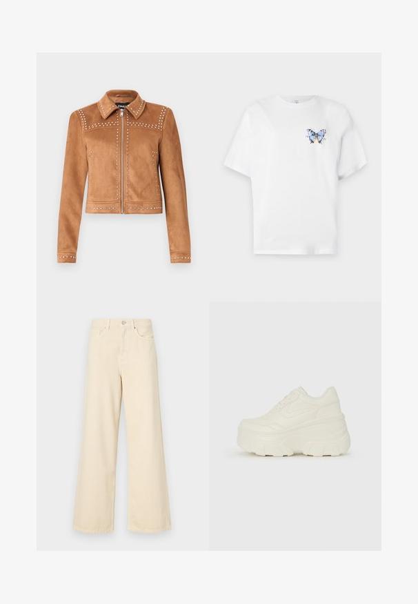 Ruda dirbtinė zomšinė striukė su kalnų akmenimis, apykaklės iškirpte, užtrauktuku priekyje ir ilgomis rankovėmis. Savybės dekoratyviniai kalnų akmenys palei siūles.; Balta medvilninė marškinė su spalvingu drugelio atspaudu kairėje krūtinės pusėje. Trumpomis rankovėmis ir laisvu siluetu.; Bežinės plačios kojos džinsai, pagaminti iš medvilnės. Turintys sagos uždarymą, diržo kilpas ir priekinės kišenes su lygia, švelnia tekstūra.; Baltos platformos sportbačiai su lygiu odos primenančiu paviršiumi, apvalia forma, paminkštintu apykakle ir tekstūruotu guminiu padu su ryškiais protektoriais.