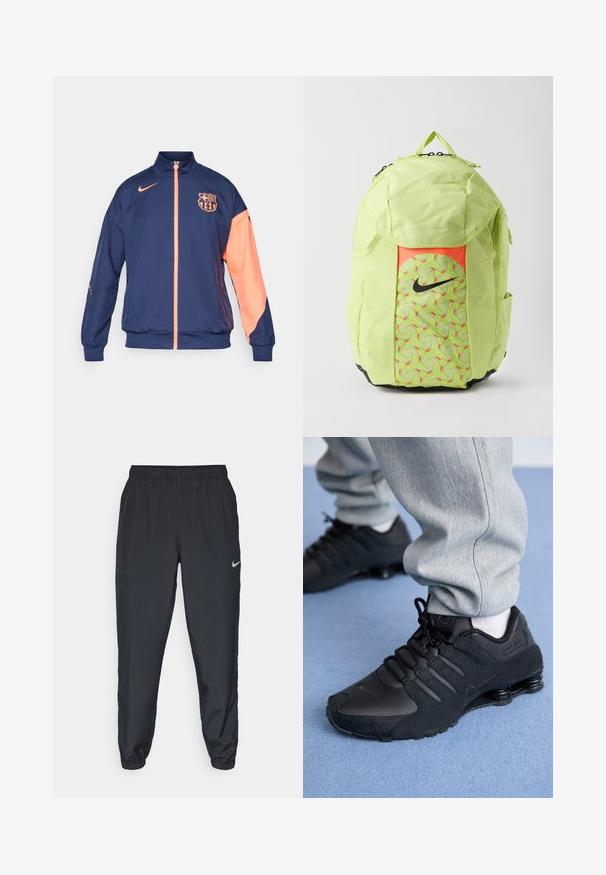 Ciemnoniebieska kurtka Nike FC Barcelona z koralowymi akcentami, z pełnym zamkiem, wysokim kołnierzem oraz logo na klatce piersiowej i rękawie.; Jasnoniebieska bluza z długim rękawem, granatowe akcenty na ramionach, logo Nike w kolorze żółtym oraz emblemat drużyny z przodu. Miękka tekstura materiału.; Dwa białe podkoszulki, o żebrowanej fakturze, z niebieskimi i zielonymi haftowanymi logo. Jeden z nich ma wzór słońca, a drugi palmę.; Czarne spodnie dresowe wykonane z lekkiego materiału, z elastycznym paskiem w talii, ściągaczami na kostkach oraz dyskretnym logo Nike po lewej stronie.; Osoba w czarnych sneakersach Nike Shox i szarych dresowych spodniach stoi na jasnoniebieskim dywanie.; Jasnozielony plecak Nike z czarnym logo swoosh, z geometrycznym wzorem na przedniej kieszeni, bocznymi kieszeniami i uchwytem do noszenia na górze, na białym tle.