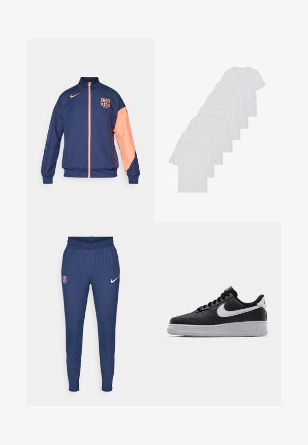 FC Barcelona Nike Jacke in Dunkelblau mit korallenfarbigen Akzenten, ausgestattet mit einem vollen Reißverschluss, hohem Kragen und Logo auf der Brust und dem Arm.; Weiße Baumwoll-T-Shirts, kurze Ärmel, Rundhals-Design, schlichte Textur, in einer Reihe gestapelt, mit dezentem Branding am Hals.; Marinefarbene Sporthosen aus strukturiertem Stoff mit einem Paris-Logo am linken Oberschenkel und einem weißen Nike-Swoosh am rechten Beinum.; Schwarze Ledersneaker mit strukturierten Oberflächen, weißem Nike-Swoosh, grauer Sohle, runder Zehenpartie und Schnürdesign. Verfügt über Perforationen an der Zehenbox.