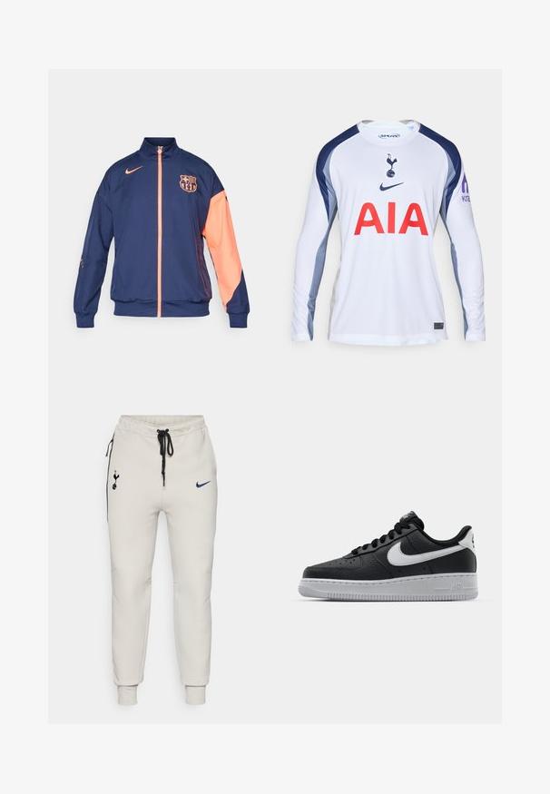Pánska bunda FC Barcelona od Nike v tmavomodrej farbe s koralovými akcentmi, vybavená plným zipsom, vysokým golierom a logom na hrudi a rukáve.; Biely dlhý rukáv futbalový dres s námorníckymi modrými akcentmi, ktorý má logo Tottenham Hotspur a červené "AIA" cez prednú časť.; Svetlošedé Nike tepláky s čiernymi akcentmi. Obsahujú vyšívané logá, elastický pás s šnúrkou a manžety na členkoch.; Čierne kožené tenisky s textúrovaným povrchom, biely Nike swoosh, šedá podrážka, okrúle špičky a šnurovací dizajn. Obsahuje perforácie na špičke.