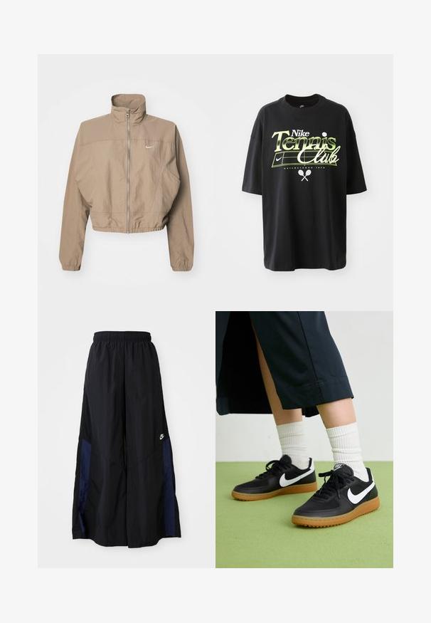 Kuttet, beige Nike-jakke med høy krage, full front glidelås, elastiske mansjetter og en liten logo på venstre bryst. Teksturert stoff.; Svart bomull T-skjorte med korte ermer, med grønn og hvit "Nike Tennis Club" grafikk, illustrasjoner av tennisball og racket.; Svarte vide bukser laget av lett stoff, med et marineblått sidestykke og elastisk midjebånd. Liten hvit logo nederst.; Sorte lær- og syntetiske joggesko med hvit Nike swoosh, gummisåle, rund tå og sorte lisser. Ribbet hvite sokker synlige.