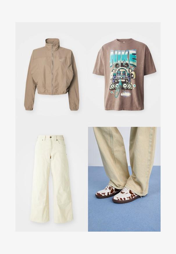 Porezan bež Nike jopič s visokim ovratnikom, popolnim zadrgo spredaj, elastčnimi manšeti in malim logotipom na levem prsnem delu. Teksturirana tkanina.; Brahna bomba majica iz bombaža s posebnim, barvitim grafičnim prikazom boomboxa in kolesa. Oblikovanje vključuje besedo "NIKE" v velikih modrih črkah.; Bež hlače širokega kroja iz bombaža, z visoko pasom, velikimi sprednjimi žepi in gladko teksturo z minimalnimi detajli šivanja.; Bele in rjave športne copate z mrežasto in usnjeno površino, ki imajo rjave gumijaste podplate. Ujemajo se z svetlobejžnimi širokimi hlačami.
