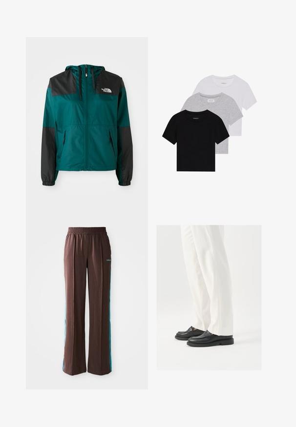 Zelena jakna od vjetrovke s crnim panelima, s kapuljačom, zatvaranjem na patentni zatvarač sprijeda i elastičnim navratnicima. Ima bočne džepove i logotip na prsima.; Set od tri majice kratkih rukava u crnoj, sivoj i bijeloj boji. Izrađene od pamuka, s okruglim izrezom i jednostavnim, jednobojnim dizajnom.; Smeđe atletske hlače s rebrastom teksturom, elastičnim pojasom i tirkiznim bočnim trakama. Na prednjem dijelu nalazi se adidas logo.; Crne kožne mokasine s glatkom teksturom, detaljima šivanja i zaobljenim prstima, uparenim s bijelim krojenim hlačama.