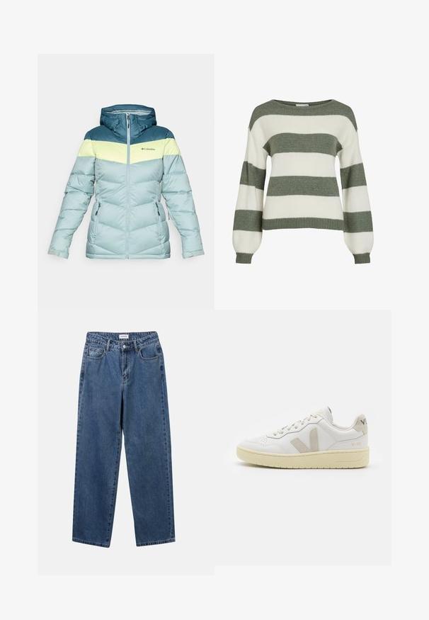 Lagani, izolirani jakna u tirkiznoj, limun zelenoj i svijetloplavoj boji. Ima kapu, prednji zip i dva bočna džepa sa zipom s detaljima šivanja.; Zeleni i bijeli prugasti pulover, s opuštenim krojem, širokim rukavima i rebrastim manžetama. Izrađen od mekog, teksturiranog pletenog materijala.; Klasične plave traperice s ravnim nogavicama, pet džepova i dugmadom za zatvaranje. Imaju srednje pranje i čvrstu teksturu.; Bijele kožne tenisice s bež nubuk naglascima, perforiranim prednjim dijelom, ravnim čipkama i teksturiranom kremastom potplatom. Sadrži suptilni brend na pete.