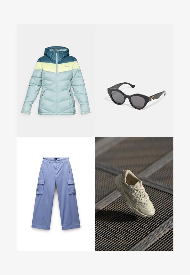 Lichtgewicht, geïsoleerde jas in teal, limogroen en lichtblauw. Heeft een capuchon, een rits aan de voorkant en twee ritszakken aan de zijkant met stikdetails.; Zwart cropped t-shirt van katoen. Heeft korte mouwen en een ronde halslijn. Glad materiaal met een eenvoudig ontwerp, geen extra patronen.; Lichtblauwe cargobroek gemaakt van een gladde stof. Beschikt over dubbele zijzakken, een relaxte pasvorm en een recht gesneden ontwerp met gestikte details.; Beige sneaker met gestructureerde stof, contrasterende gladde accenten, afgeronde zool en veters, boven een gegraveerd oppervlak.; Zwarte zonnebril met een hoekige cat-eye vorm, voorzien van donkere getinte lenzen. Gouden logo-accent op de poot. Glad plastic frame.