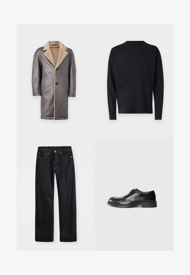 Casaco de couro cinza com um colarinho de pelúcia bege, mangas longas e dois bolsos laterais, com um fecho de botão na frente.; Camisa preta de manga longa feita de um tecido macio. Apresenta um decote redondo e ombros caídos. Textura suave sem padrões visíveis.; Calças de ganga pretas para homem, de pernas retas, com cinco bolsos e costura laranja, fecho de botão e zíper na cintura da frente.; Sapato de pele preto com bico arredondado, superfície lisa, detalhes de atacadores e sola de borracha texturizada e baixa. Linhas limpas e design minimalista.