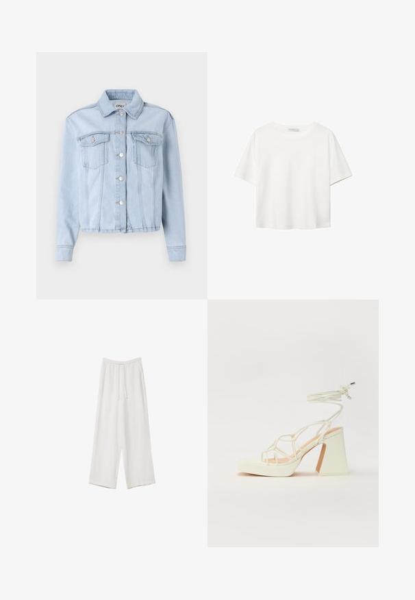 Ljusblå denimjacka med krage, knappstängning i fronten och två bröstfickor. Har långa ärmar och fållade manschetter.; Vit t-shirt med kort ärm i bomull. Har en rundad halsringning och en avslappnad passform. Slät textur utan synliga mönster eller detaljer.; Vita vida byxor i vid passform gjorda av ett lättviktsmaterial. Har en elastisk midja med dragsko och sidofickor. Slät textur.; Vit högklackad sandal med en kraftig klack, med ett remdesign och ankelband. Slät textur med en plattform framtill för ökad höjd.