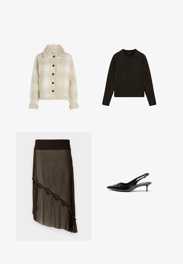 Beige kostkovaná bunda s límcem z beránka, černými knoflíky a měkkými texturovanými manžetami. Zkrácený střih s dvěma předními kapsami.; Tmavě hnědý pletený svetr s kulatým výstřihem, dlouhými rukávy a žebrovaným lemem. Měkká textura s uvolněným střihem, vhodný k vrstvení.; Černá síťovaná sukně s přiléhavým pasem, asymetrickým lemem, dekorativními knoflíky po přední straně a vrstvenou průhlednou texturou.; Černé kožené sandály na nízkém podpatku s řemínkem kolem paty, špičatou špičkou, nízkým ježkovým podpatkem a nabráním na nártu. Hladká textura a minimalistický design.