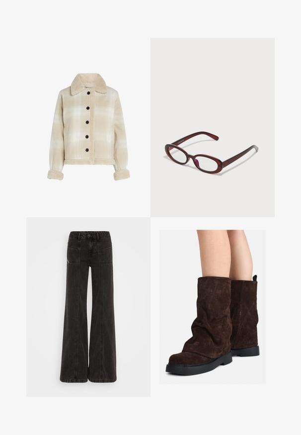 Beige ternetjakke med sherpa-krave, sorte knapper og bløde teksturerede manchetter. Kroppe design med to forlommer.; Lys grøn langærmet skjorte med knaplukning foran, krave, tekstureret stof og slipse detaljer ved manchetterne. Lige kantdesign.; Sorte vide ben jeans lavet af denim, med høj talje, frontlommer og tonet syninger langs sømmene.; Brune ruskind støvler til midt på læggen med sorte gummisåler, båret på bar ben, med let rynkning på støvleskaftet.; Ovale røde solbriller med klare linser og slanke brune stel. Designet har subtile kurver og minimalt hardware.