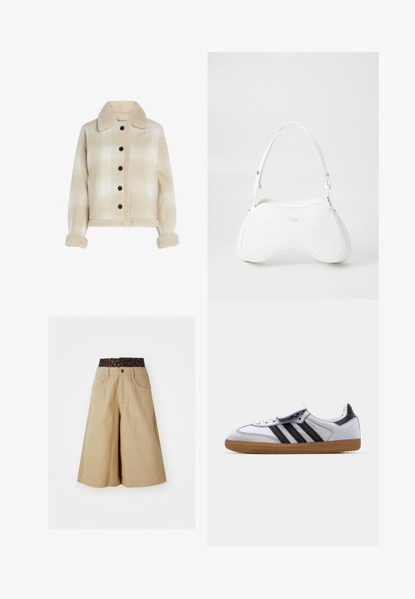 Beige plaid jacket featuring a shearling collar, black buttons, and soft textured cuffs. Cropped design with two front pockets.; Brown long-sleeve cropped top made of smooth material, featuring a rounded neckline and form-fitting design. No visible patterns or accents.; Khaki shorts with a wide leg design and a leopard print waistband. Features front pockets and a button closure. Smooth, textured fabric.; White leather sneaker with black stripes and grey accents, featuring a rounded toe and gum rubber outsole. Velcro strap and lace closure.; White handbag with a smooth, glossy surface, curved shape, and a single adjustable strap. Features a logo embossed on the front.