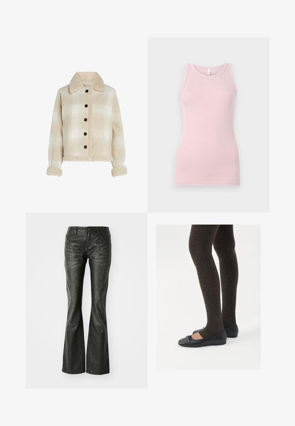 Beige kockás zakó, amely prémes gallérral, fekete gombokkal és puha textúrájú mandzsettákkal rendelkezik. Rövidített dizájn, két elülső zsebbel.; Világos rózsaszín ujjatlan felső, puha, rugalmas anyagból készült. Kerek nyakkivágással és keskeny pántokkal rendelkezik, sima textúrával és testhezálló szabással.; Fekete műbőr, bővülő szárú farmernadrág elülső zsebekkel, fémből készült gombos záródással és enyhén textúrázott felülettel. Egyenes szárú, hosszú fazon.; Fekete lapos cipők kis masni díszítéssel az orrán, sötétbarna bordázott harisnyával párosítva. A cipők sima textúrával és alacsony profilúak.