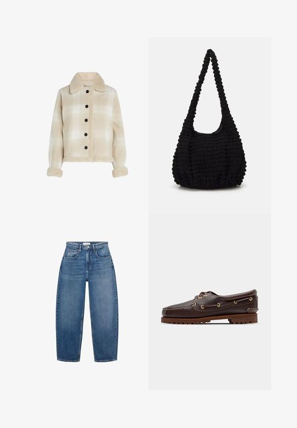 Béžový károvaný kabát s ovčím golierom, čiernymi gombíkmi a mäkkými texturovanými manžetami. Skrajený dizajn s dvoma prednými vreckami.; Námornícky polo s dlhým rukávom s bielymi vertikálnymi pruhmi, s golierom a zapínaním na gombíky. Úzky strih s rebrovanými manžetami.; Modré džínsy s vysokým pásom a rovnými nohavicami, ktoré majú päť vreciek, pútka na opasok a jemné vyblednutie pre dodatočnú textúru.; Hnedé kožené loďkové topánky so zlatými očkami, okrúhlymi šnúrkami a štruktúrovanou hnedou gumovou podrážkou. Obsahuje prešívané detaily a vyvýšené logo.; Čierna textúrovaná taška z látky s jedným skrúteným popruhom, ktorá má nadýchaný tvar a nariasený povrch.