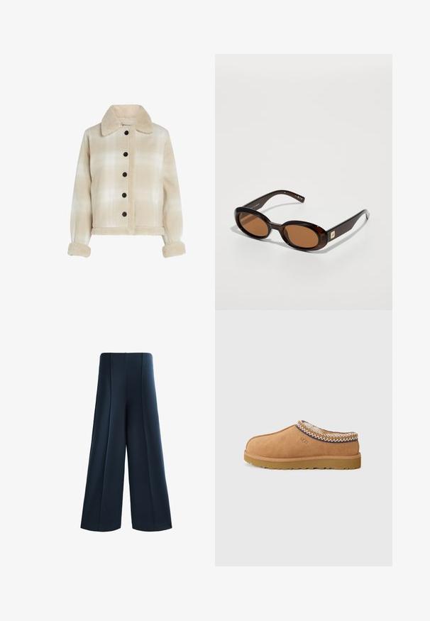 Bež karirana jakna s krznim ovratnikom, crnim gumbima i mekim teksturiranim manžetama. Skraćeni dizajn s dvije prednje džepove.; Bijela pamučna majica, kratkih rukava, okrugli izrez, opušteni kroj, glatka tekstura, bez uzoraka ili akcenata, jednostavan dizajn, svestran stil.; Široke hlače od tamnoplave tkanine. Imaju visoki struk, prednje nabore i glatku teksturu. Nema vidljivih džepova ili metalnih detalja.; Bež mokasine od velura s teksturiranim vunenim podstavom i ukrasnim etničkim šavovima oko ovratnika. Ima gumeni potplat.; Smeše smeđe boje sunčane naočale s ovalnim lećama, koje imaju tanak okvir i mali metalni detalj sa strane. Obrada je teksturirana i polirana.