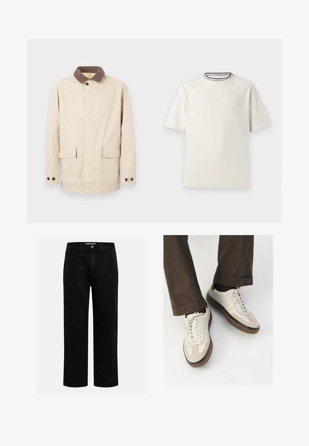 Casaco bege feito de algodão com um colarinho de veludo cotelê castanho, apresentando dois bolsos frontais e detalhes em botão nas mangas.; T-shirt de algodão em cor creme com mangas curtas, apresentando um decote redondo realçado por listras em azul-marinho e branco. Textura suave, corte descontraído.; Calças de ganga pretas com corte reto, design clássico de cinco bolsos e fecho de botão na cintura. Textura suave e tecido durável.; Tênis bege com frente em camurça texturizada, lados em couro liso e sola em borracha marrom. Inclui cadarços e detalhes de costura clara.