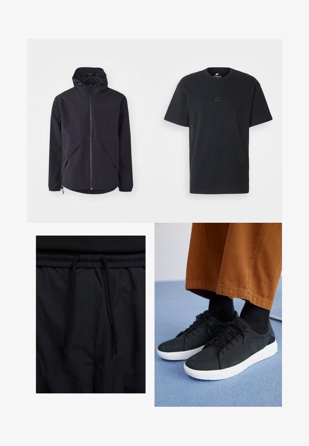 Musta kevyt takki hupulla, edessä vetoketju ja kaksi sivutaskua. Varustettu joustavilla hihansuilla ja säädettävällä helmalla mukautuvaa istuvuutta varten.; Nike musta musta T-paita, jossa on klassinen pyöreä kaula-aukko, lyhyet etkä hihat sekä hillitty, kohopainettu logo rinnassa. Silkkinen rakenne.; Mustat shortsit, joissa on naru vyötäröllä, kevyestä kankaasta valmistettu, sileä tekstuuri ja yksinkertainen muotoilu ilman näkyviä logoja tai kuvioita.; Musta mokkanahkakengät valkoisilla kumipohjilla, joissa on nauhakiinnitys, teksturoituja yksityiskohtia ja huomaamatonta brändäystä, yhdistettynä ruskeisiin housuihin.