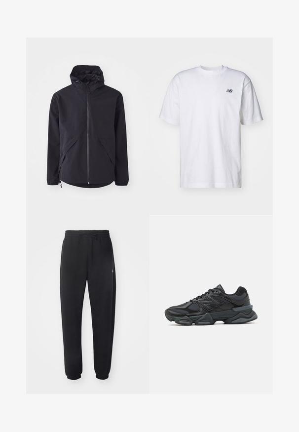 Black lightweight jacket with a hood, front zipper, and two side pockets. Features elastic cuffs and adjustable hem for a snug fit.; White short-sleeve crew neck T-shirt with small black New Balance logo on left chest against a plain background.; Black sweatpants made of soft material with an elastic waistband, drawstring, and tapered cuffs, featuring a subtle logo on the side.; Black running shoe featuring a mix of mesh and synthetic materials, chunky sole, curved design, and prominent branding on the side.