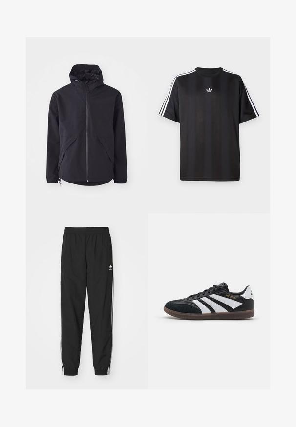 Chaqueta negra ligera con capucha, cierre frontal y dos bolsillos laterales. Cuenta con puños elásticos y dobladillo ajustable para un ajuste ceñido.; Camiseta negra de manga corta con detalles de tres rayas blancas en los hombros y un pequeño logo blanco en el pecho. Textura de tela suave.; Pantalones de chándal negros con cintura y dobladillos elásticos, con franjas laterales blancas y un pequeño logo blanco de Adidas en la cadera izquierda.; Zapatillas deportivas en blanco y negro con parte superior de ante y sintética, con tres franjas blancas distintivas, suela de goma y el texto dorado "Predator".