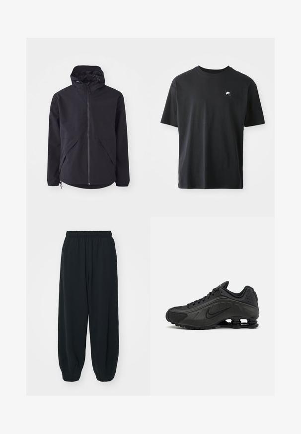 Schwarze, leichte Jacke mit Kapuze, frontseitigem Reißverschluss und zwei seitlichen Taschen. Mit elastischen Bündchen und verstellbarem Saum für eine optimale Passform.; Schwarzes Baumwoll-T-Shirt mit kurzen Ärmeln und Rundhalsausschnitt, das ein kleines rechteckiges Logo mit "NIKE AIR" in Weiß auf der linken Brust zeigt.; Schwarze Sweatpants mit elastischem Bund, lockerer Passform, gerippten Beinabschlüssen, glatter Textur und ohne sichtbare Muster oder Hardware-Akzente.; Schwarze Laufschuhe mit einem glatten synthetischen Obermaterial, durchbrochenen Akzenten, strukturierten Seitenpaneelen und einer ausgeprägten federnden Sohle.