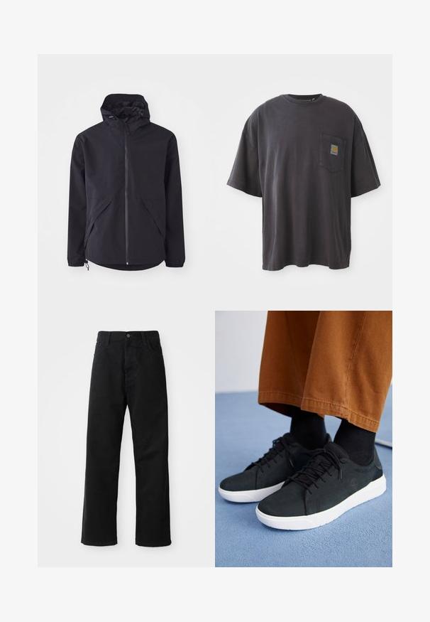 Zwarte lichtgewicht jas met capuchon, voorkant met rits en twee zijzakken. Heeft elastische manchetten en een verstelbare zoom voor een goede pasvorm.; Zwarte katoenen t-shirt met korte mouwen, een ronde halslijn en een linkse borstzak met een vierkante logo patch. Eenvoudig en ongecompliceerd ontwerp.; Zwarte denim broek met een rechte pasvorm, voorzien van voorzakken, een rits en een enkele bovenste knoop. Gestructureerde stof met een matte afwerking.; Zwarte suède sneakers met witte rubberen zolen, voorzien van een vetersluiting ontwerp, textuuraccenten en subtiele branding, gedragen met bruine broeken.