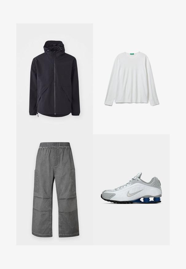 Giacca leggera nera con cappuccio, zip frontale e due tasche laterali. Presenta polsini elastici e orlo regolabile per una vestibilità aderente.; Maglietta a maniche lunghe bianca con scollo rotondo e etichetta verde sul collo, adagiata su uno sfondo bianco.; Pantaloni cargo grigi con vita elastica, due tasche laterali e un design ampio e rilassato. Il tessuto ha un aspetto testurizzato e sgualcito.; Scarpa da corsa Nike bianca e grigia con swoosh argento, unità suola blu a molla e battistrada nero su uno sfondo semplice.