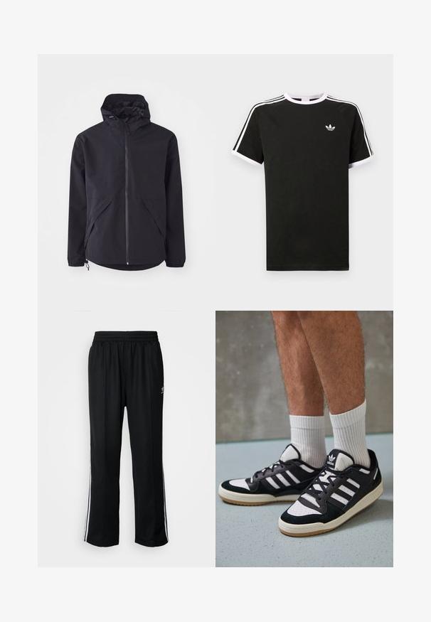 Melnā vieglā jaka ar kapuci, priekšējo rāvējslēdzēju un divām sānu kabatām. Iezīmējas ar elastīgām piedurknēm un regulējamu apakšmali, lai nodrošinātu ciešu piegulšanu.; Melna kokvilnas T-kreklu ar baltajiem akcentiem. Iezīmes īsas piedurknes, raglanu dizains un mazs logo uz krūšu. Trīs baltas svītras uz pleciem.; Melni sporta bikses ar elastīgu jostas vietu, kurām ir baltas sānu svītras un neliels logotips. Materiāls izskatās mīksts un viegls.; Melnas un baltas kedas ar zamša un ādas augšdaļu, kas aprīkotas ar trim baltām svītrām, perforētu purngali un gumijas zolēm.