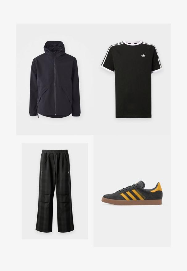 Mustumine kerge must jope, millel on kapuuts, eesneede ja kaks küljetaskut. Omab elastseid mansette ja reguleeritavat allääred mugavaks sobivuseks.; Must mustvalge T-särk, millel on valged detailid. Lühikesed varrukad, raglani disain ja väike logo rinnal. Õlgadel kolm valget triipu.; Mustas ruudulised püksid, millel on elastne vöökoht, kaks esimest taskut ja laiem lõige sirge jala disainiga. Valmistatud kergest materjalist.; Mustad sametist spordijalatsid kollaste aktsentidega, millel on kolm triipu ja pruun kummitald. Mugavuse tagamiseks on neil pehmendatud keele osa.