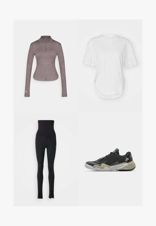 adidas by Stella McCartney ASMC MIDL - Trainingsvest - charcoal; Witte katoenen t-shirt met een ronde halslijn, korte mouwen en een afgeronde zoom. Gladde textuur zonder patronen of accenten.; adidas by Stella McCartney Tights - black; Zwarte en beige sportieve schoen met een gestructureerde bovenkant, opvallend zoolontwerp, reflecterende accenten en vetersysteem. Lichtgewicht constructie.