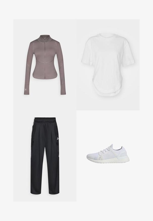adidas by Stella McCartney ASMC MIDL - Casaco de treino - charcoal; T-shirt branca de algodão com decote redondo, mangas curtas e bainha curva. Textura suave sem padrões ou detalhes.; Calças atléticas pretas com pregas, cintura elástica e riscas laterais. Feitas de tecido liso, com o logótipo da Adidas em branco.; Sapatilha atlética branca com parte superior em malha, painéis laterais texturizados e sola branca acolchoada. Apresenta atacadores e uma biqueira reforçada.
