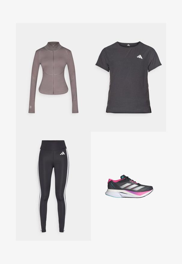 adidas by Stella McCartney ASMC MIDL - Jakna za treniranje - charcoal; Majica kratkih rukava za sport, tamno siva s perforiranim uzorkom. Ima bijeli logo i kontrastne bočne pruge. Zaobljeni izrez.; Crne tajice visokog struka, s bijelim bočnim prugama i malim bijelim logotipom na gornjem lijevom bedru. Izrađene od glatkog, rastezljivog materijala.; Trkaća obuća s gornjim dijelom od sive mrežice, ružičastim akcentima i bijelim prugama. Ima podstavljeni potplat i elegantan, aerodinamičan dizajn.